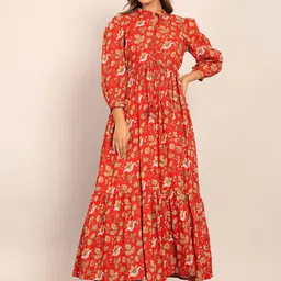 KAORI BY SHREYA AGARWAL Floral Print Mandarin Collar Puff Sleeve  Cotton Maxi Midi Dress-image-45