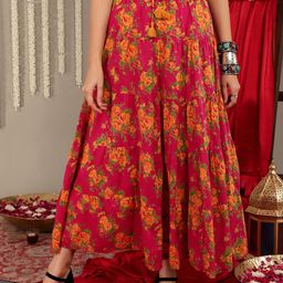 Varanga Pink Floral Printed Flared Maxi Skirt-image-40