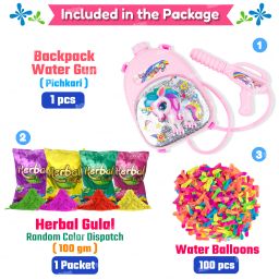 fiddlerz Holi Pichkari for Kids Unicorn Backpack Tank Holi Combo 1 Gulal & 100 Balloons Water Gun image 5