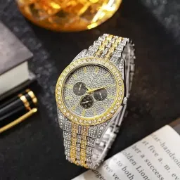 Analog Watch - For Men & Women Analog Gold Silver Two Tone Round Diamond Chronograph Unisex Analoge Watch-picture-20