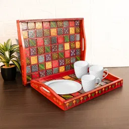 Handpainted Wooden Serving Trays with Handle Rectangular Shape Tray Serving Set-image-28