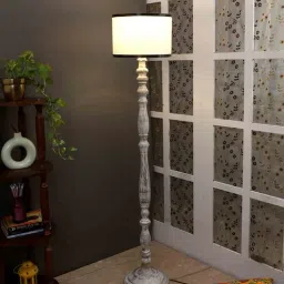tu casa Off White Cotton Shade Novelty Floor Lamp Mango Wood Base-picture-35