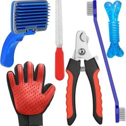 Dog Large Grooming Kit, Slicker Brush, Nail Cutter, Toothbrush , Glove, Dog Bone Basic Comb forDog & Cat, Cow, Donkey, Horse, Monkey, Rabbit, Rabbit-12