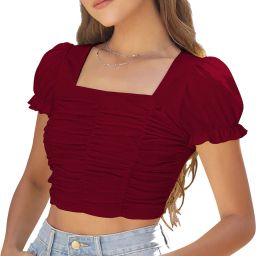 Casual Puff Sleeves Solid Women Maroon Top-image-20