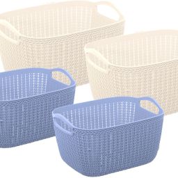 Plastic Unbreakable Plastic 4 Pieces Multipurpose Large And Medium Size Flexible Storage Baskets / Fruit Vegetable Bathroom Stationary Home Basket with Handles (Cream & Grey) -CTKTC39380 Storage Basket-image-9