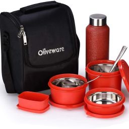Teso Pro Lunch Box | 3 Stainless Steel Containers | Plastic Pickle Box | Steel Spoon & Fork | Insulated Fabric Bag | Leak Proof | Microwave Safe | Full Meal | Easy to Carry | Black 4 Containers Lunch Box-6