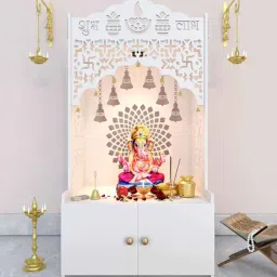 homscape Divine Wooden Floor Temple With Spacious Shelf Inbuilt Focus Light White-picture-27