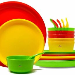 Pack of 24 Plastic Plastic Microwave Safe Round Dinner Set - Porcelain Look, Ultra Light, Break Resistant (6 big plate + 6 quarter plate + 6 bowls + 6 Soup Spoons) Dinner Set-0