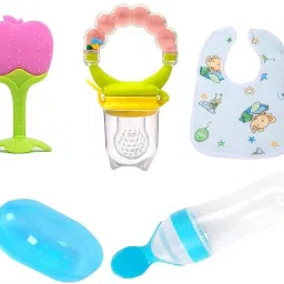 Baby combo of 5pcs, Spoon feeding & teether, Rattle Nibbler, brush with bib Feeder-picture-27