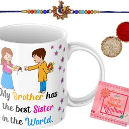 Rakhi with mug _ GC161 Assorted Rakhi, Mug, Greeting Card, Chawal Roli Pack Set-16