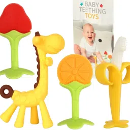 Baby Teething Toys for Newborn (4-Pack) Freezer Safe BPA Free Infant and Toddler Silicone Banana Toothbrushes Fruit Giraffe Teethers Soothe Babies Teether-image-18