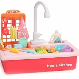 Play Sink with Running Water, Pretend Play Washbasin Toys Set pink-2