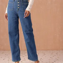 Women Straight Fit High Rise Blue Jeans-image-2