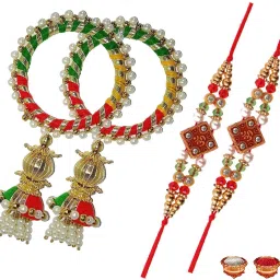 Bhaiya Bhabhi CHUDA-OM2 Pearl, Kundan, Gold Finish, Mauli Thread Rakhi, Lumba, Bracelet, Chawal Roli Pack Set-16