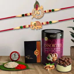 Designer Rakhi Combo Gift Set for Brother |Assortment 96Gm|Chocolate|Y22K2_528+529_AS Pearl Rakhi, Chawal Roli Pack, Greeting Card, Coins Set-image-1
