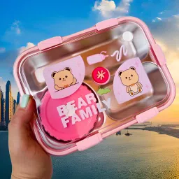 Kawaii Kart Bear Family Lunch Box | Leakproof Steel, 3 Compartments B1 3 Containers Lunch Box-21