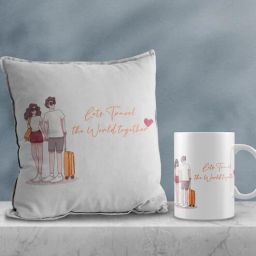 ecraftindia Valentine Combo of Colorful Let's Travel The World Together Girl & Boy With Travel Bag Print Cushion & Mug Gift Set-picture-6