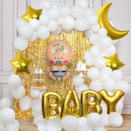 Solid Golden Baby Decoration Combo 58Pcs Foil Curtain Moon & Star Foil Balloon White Latex Balloon With Baby Letter- Boy Shape Foil Balloon For Welcome Home Baby Shower Birthday Party Decoration Balloon-10