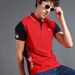 Men Printed Polo Neck Pure Cotton Red T-Shirt-image-5