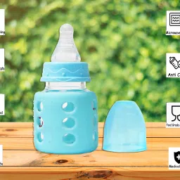 Glass Feeding Bottle for Newborns/Infants/Babies | With Silicone Warmer Cover ('BLUE', 60 ML) - 60 ml-image-41