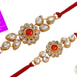 Designer Classy Gold Plated Kundan Rakhi Combo Set of 2 with 1 Roli Chawal Tikka Pack Gold Finish, Kundan, Mauli Thread Rakhi, Chawal Roli Pack, Greeting Card Set-6