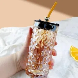 Vintage Glass Tumbler with Straw Attaractive Crystal Pattern Glass Water/Juice Glass-image-38