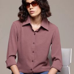 Women Regular Fit Solid Cut Away Collar Casual Shirt-image-40