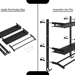 grivan 3 Layer Multipurpose bathroom shelf/rack, with double towel rod and 2 dual hooks BLACK MATTE Towel Holder image 5