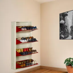 24 Inches wide Jumbo Four Door Double Decker Powder Coated Wall Mounted Metallic Ivory Brick Red Metal Shoe Rack-11