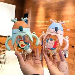 CUTE SCHOOL KIDS BOTTLE PLASTIC WITH STRAW AND HANDLE ROPE BPA FREE PLASTIC 350 ml Water Bottle-image-72