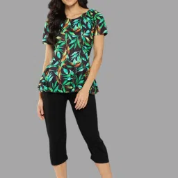 Aarika Womens Black-Green Colour Leaf Print Nylon Swim Suit With Goggle Self Design Women Green Swimsuit-image-74