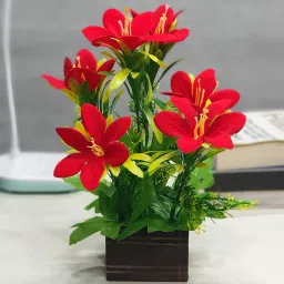 Great For Home Or Office Decoration or birthday Gift Red Lily Artificial Flowerwith Pot-image-10