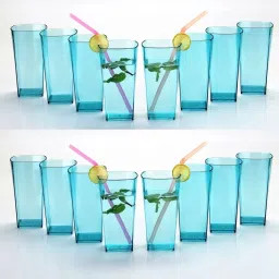 (Pack of 16) SQUARE Shape Plastic UNBREAKABLE Water Glasses Sky Blue Set of 16 Glass Set Water/Juice Glass-18