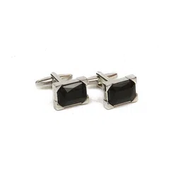 Calvadoss Men Silver-Toned & Black Textured Rectangle Cufflinks-image-12