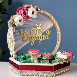 1 Pcs Hexagon Engagement Ring Platter with “Engaged” Topper for Ring Ceremony Wood Decorative Platter-25
