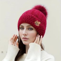 Women's stylish winter woolen cap soft warm fur inside pom-pom on top for girls Woven Beanie-image-71
