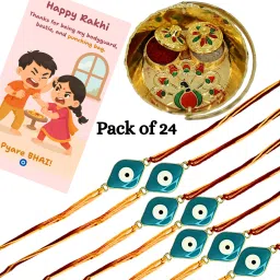 Thread Set of 24 Evil Eye Rakhi with 10cm Thali, Card & Roli Chawal Nazar Rakhi Combo Gold Finish Chawal Roli Pack Set-17