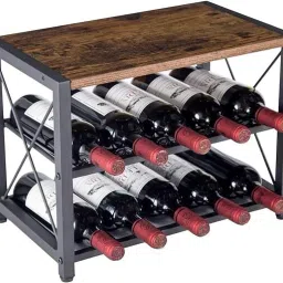 20513 Rustic Countertop Wine Rack 10 Bottle Organizer Holder 2 Tier Iron Glass Holder-image-68