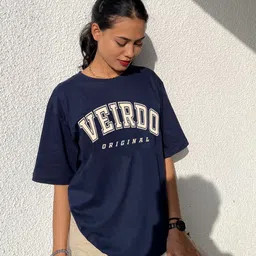 veirdo Oversized Women Printed, Typography Round Neck Pure Cotton Navy Blue T-Shirt-picture-9