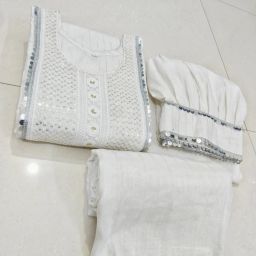 White Cotton Afghani Dress Embroidered Kurta, Salwar & Dupatta Set-image-14