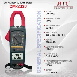 hty HTC CM2030, Digital Ac Clamp Meter 1000A Tester Clip-On-Meter Digital Multimeter image 4