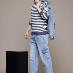 Men Striped Round Neck Blue Sweater-image-95