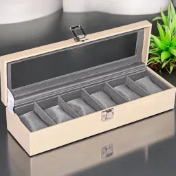 Watch Box Holder Case in 6 slots Faux Rexine & Dark Cream velvet (6 Slots) Watch Box-image-77