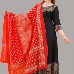 Women Printed Cotton Blend Anarkali Kurta With Attached Dupatta-image-7