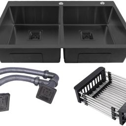 37"x18"x10" Double Bowl With Tap Hole Handmade Kitchen Sink GS-13Black Vessel Sink-image-79