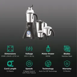 BOSS CycloneMaxx 900 Watt 4 Jars Mixer Grinder (3 Variable Speed Control with LED Light, Black) image 2