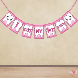 I Got My 1st Tooth Bunting Banner, Pink Colour, First Tooth Decoration Banner-image-3