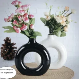 Black and White ring Vase 6 inch pak of 2 Ceramic Vase-image-0