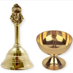 Deepak and Garuda Puja Bell | Pooja Ghanti for Pooja Mandir Bell Brass (Pack of 2) Table Diya Set-image-3