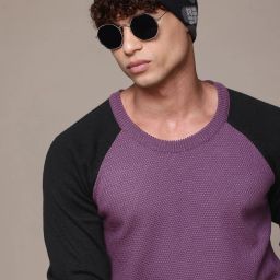 Men Solid Round Neck Purple Sweater-image-59